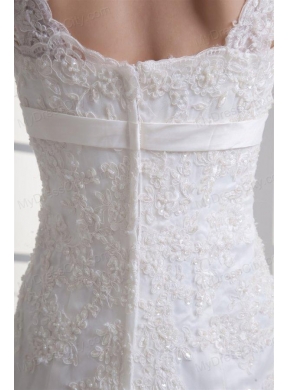 Column Straps Appliques Lace Wedding Dress with Chapel Train