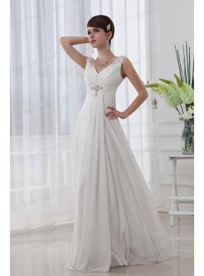 Discount Empire V-neck Floor-length Chiffon White Wedding Dress with Beading