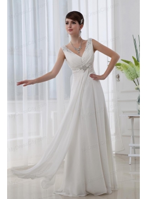 Discount Empire V-neck Floor-length Chiffon White Wedding Dress with Beading