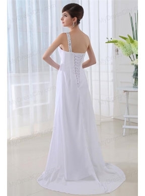 Elegant Empire One Shoulder Ruching Appliques High Slit Brush Train Wedding Dress