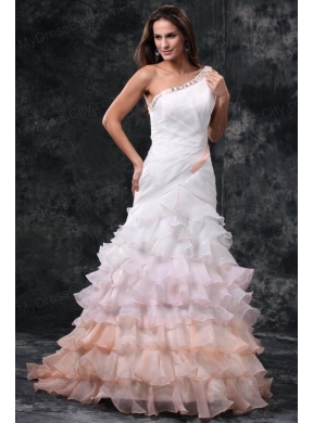 Elegant One Shoulder A-Line Ruffles Brush Train Organza Wedding Dress