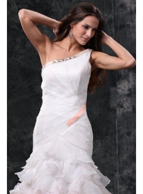 Elegant One Shoulder A-Line Ruffles Brush Train Organza Wedding Dress