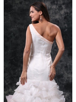 Elegant One Shoulder A-Line Ruffles Brush Train Organza Wedding Dress