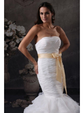 Luxurious Mermaid Strapless Ruching and Sash Court Train Organza Wedding Dress