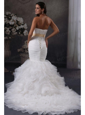 Luxurious Mermaid Strapless Ruching and Sash Court Train Organza Wedding Dress