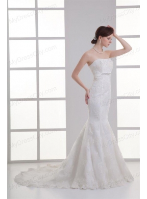 Mermaid Strapless Beading Lace Court Train Wedding Dress