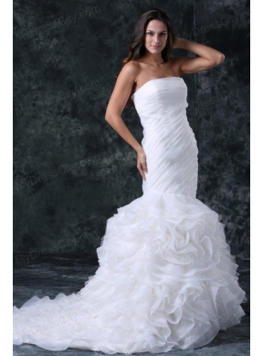 Mermaid Strapless Organza Court Train Ruching and Ruffles Wedding Dress