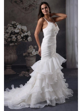 Mermaid Straps Lace Up Organza Ruching Wedding Dress