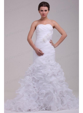 Mermaid Sweetheart Ruching and Ruffles Brush Train Organza Wedding Dress