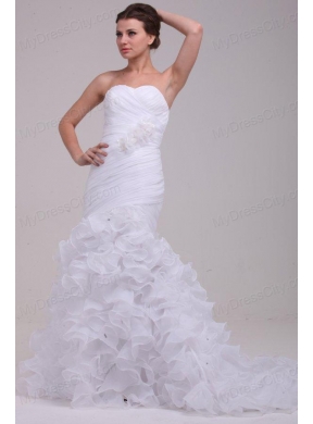 Mermaid Sweetheart Ruching and Ruffles Brush Train Organza Wedding Dress