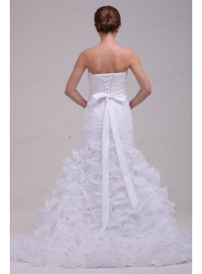 Mermaid Sweetheart Ruching and Ruffles Brush Train Organza Wedding Dress