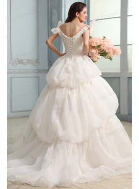 Off The Shoulder A-line Appliques and Pick-ups Organza Wedding Dress