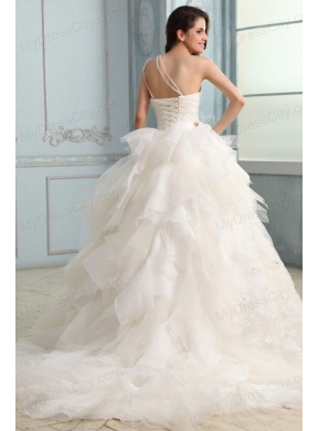 One Shoulder Ball Gown Beading and Appliques Organza Wedding Dress