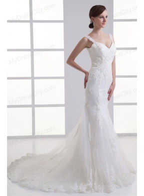 Popular Mermaid Straps Appliques Zipper Up Organza Wedding Dress with