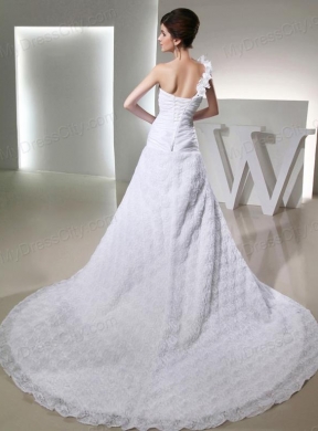 Popular Princses One Shoulder Ruching Fabric With Rolling Flower Wedding  Dress