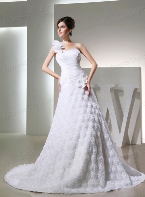 Popular Princses One Shoulder Ruching Fabric With Rolling Flower Wedding  Dress