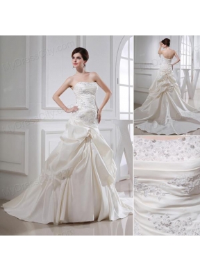 Puffy Strapless Appliques and Pick-ups Wedding Dress with Court Train