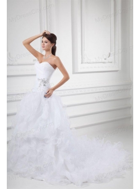 Romantic A-line Sweetheart Court Train Wedding Dress with Beading and Ruffles