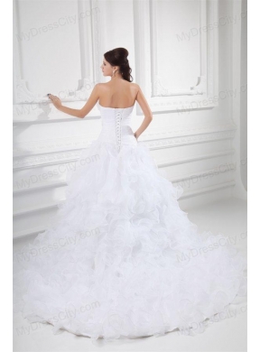 Romantic A-line Sweetheart Court Train Wedding Dress with Beading and Ruffles