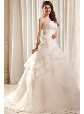 Strapless A-line Hand Made Flowers Sweep Train Wedding Dress