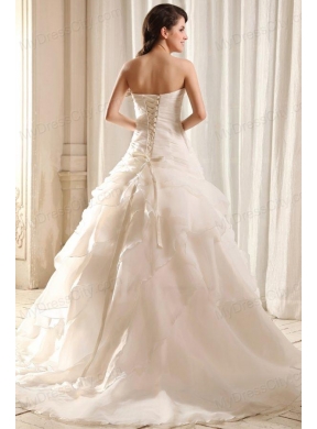 Strapless A-line Hand Made Flowers Sweep Train Wedding Dress