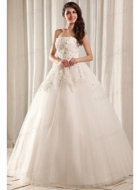 Strapless Ball Gown Floor-length Wedding Dress with Beading and Flowers