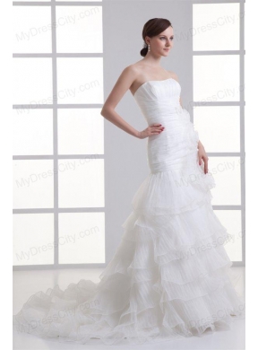 Strapless Hand Made Flowers Ruffled Layers Ruching Court Train Wedding Dress