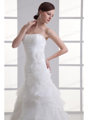 Strapless Hand Made Flowers Ruffled Layers Ruching Court Train Wedding Dress