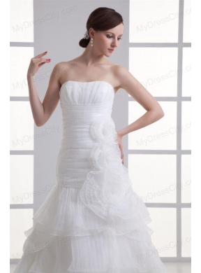 Strapless Hand Made Flowers Ruffled Layers Ruching Court Train Wedding Dress