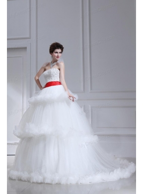 2014 Spring Beautiful Ball Gown Strapless Beading Ruffled Layers Chapel Train Wedding Dress