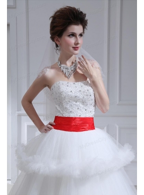 2014 Spring Beautiful Ball Gown Strapless Beading Ruffled Layers Chapel Train Wedding Dress