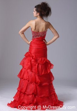 Ruffled Layers Beaded Ruching Wine Red Organza Formal Evening Dresses