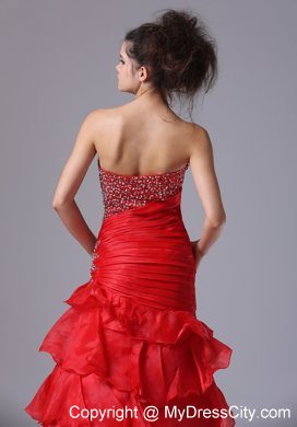 Ruffled Layers Beaded Ruching Wine Red Organza Formal Evening Dresses