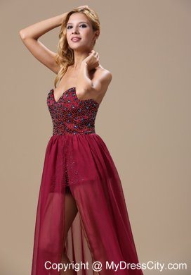 Sexy High Slit Beaded Chiffon Court Train Wine Red Prom Evening Dress 2013