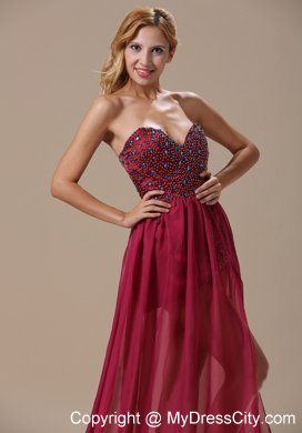 Sexy High Slit Beaded Chiffon Court Train Wine Red Prom Evening Dress 2013