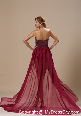 Sexy High Slit Beaded Chiffon Court Train Wine Red Prom Evening Dress 2013