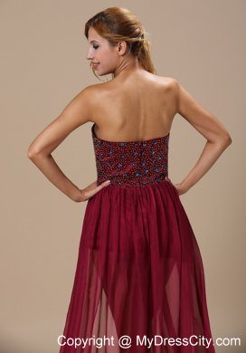 Sexy High Slit Beaded Chiffon Court Train Wine Red Prom Evening Dress 2013