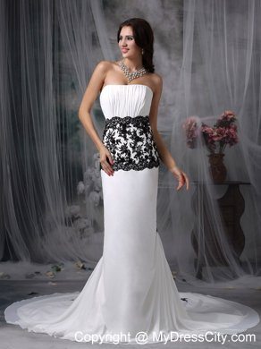 Black Lace Mermaid Chapel Train Chiffon White Evening Dresses for Celebrity