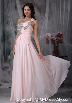 Beaded One Shoulder Side Zipper Baby Pink Evening Dress with Cut out Back