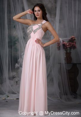 Beaded One Shoulder Side Zipper Baby Pink Evening Dress with Cut out Back