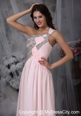 Beaded One Shoulder Side Zipper Baby Pink Evening Dress with Cut out Back