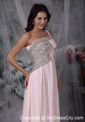 Beaded One Shoulder Side Zipper Baby Pink Evening Dress with Cut out Back