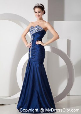 Navy Blue Ruching Mermaid Sweetheart Evening Formal Gowns with Rhinestones