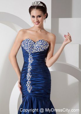 Navy Blue Ruching Mermaid Sweetheart Evening Formal Gowns with Rhinestones