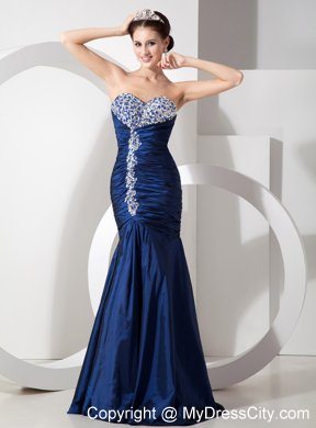 Navy Blue Ruching Mermaid Sweetheart Evening Formal Gowns with Rhinestones