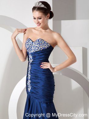 Navy Blue Ruching Mermaid Sweetheart Evening Formal Gowns with Rhinestones