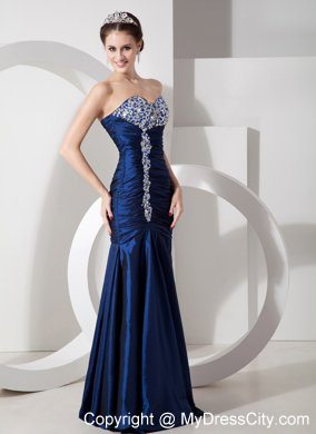 Navy Blue Ruching Mermaid Sweetheart Evening Formal Gowns with Rhinestones