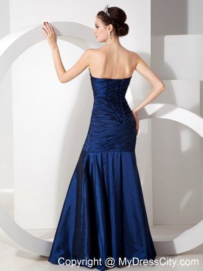 Navy Blue Ruching Mermaid Sweetheart Evening Formal Gowns with Rhinestones