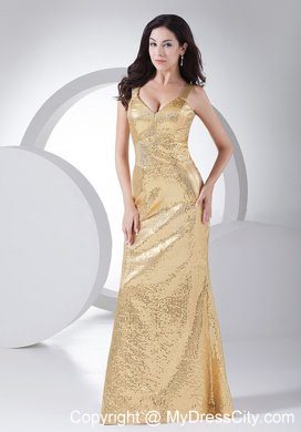 Luxurious Paillette V-neck Column Gold 2013 Cheap Evening Party Dresses