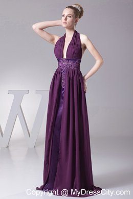 Purple Embroidery Ruching Chiffon Backless 2013 Evening Dress for Celebrity